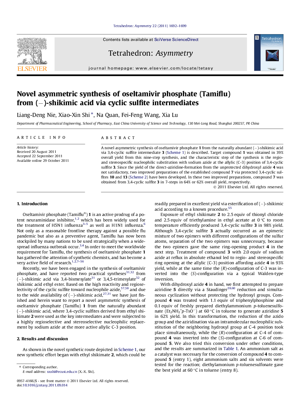 Novel asymmetric synthesis of oseltamivir phosphate (Tamiflu) from (−)-shikimic acid via cyclic sulfite intermediates