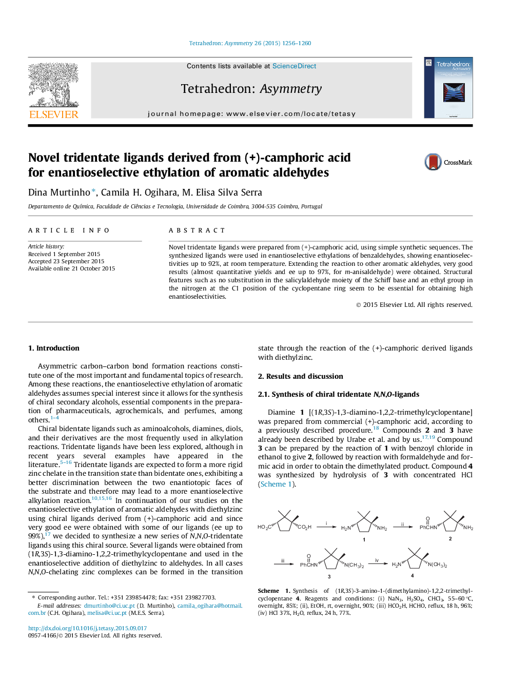 Novel tridentate ligands derived from (+)-camphoric acid for enantioselective ethylation of aromatic aldehydes