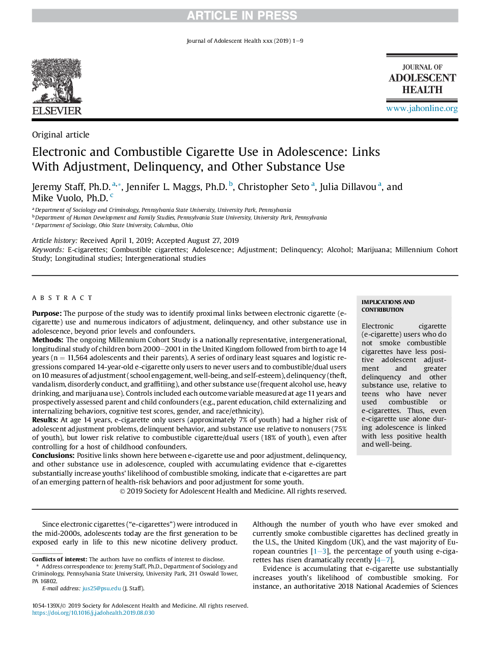 Electronic and Combustible Cigarette Use in Adolescence: Links With Adjustment, Delinquency, and Other Substance Use