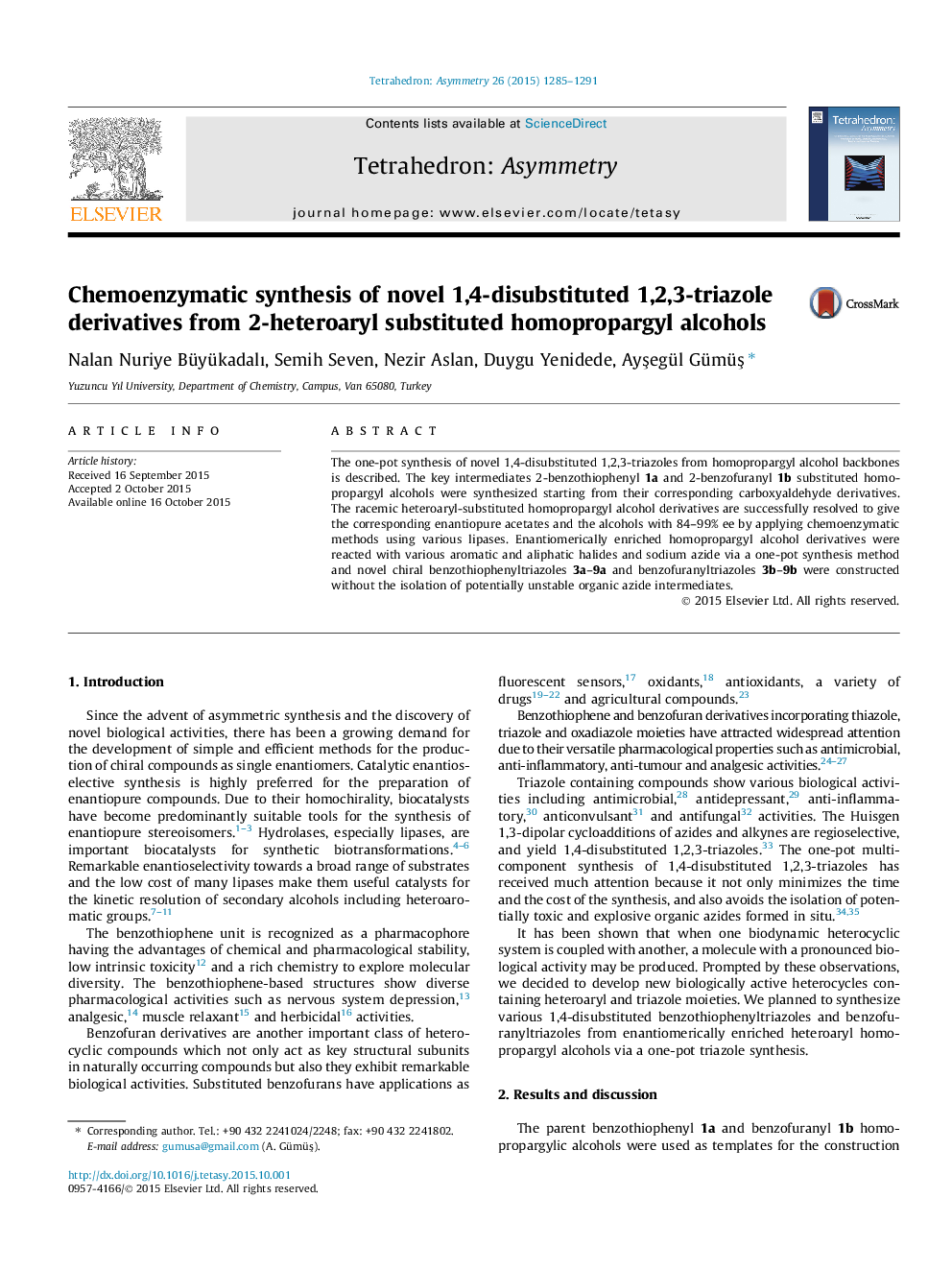 Chemoenzymatic synthesis of novel 1,4-disubstituted 1,2,3-triazole derivatives from 2-heteroaryl substituted homopropargyl alcohols