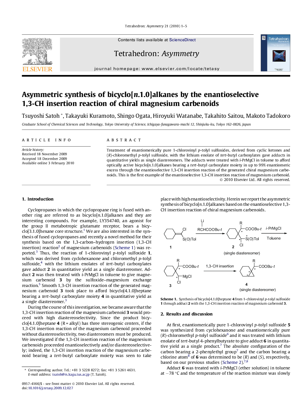 Asymmetric synthesis of bicyclo[n.1.0]alkanes by the enantioselective 1,3-CH insertion reaction of chiral magnesium carbenoids