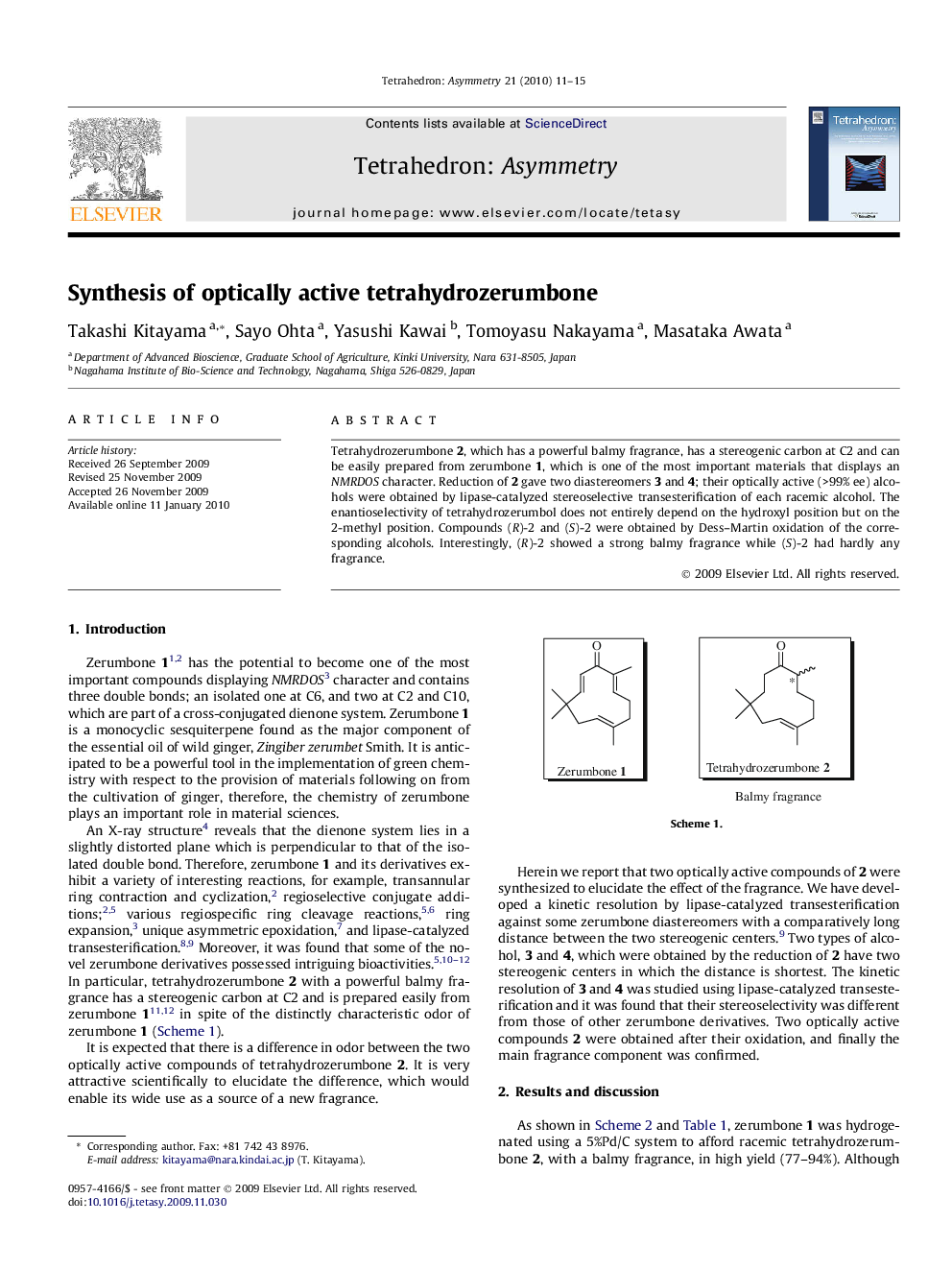 Synthesis of optically active tetrahydrozerumbone