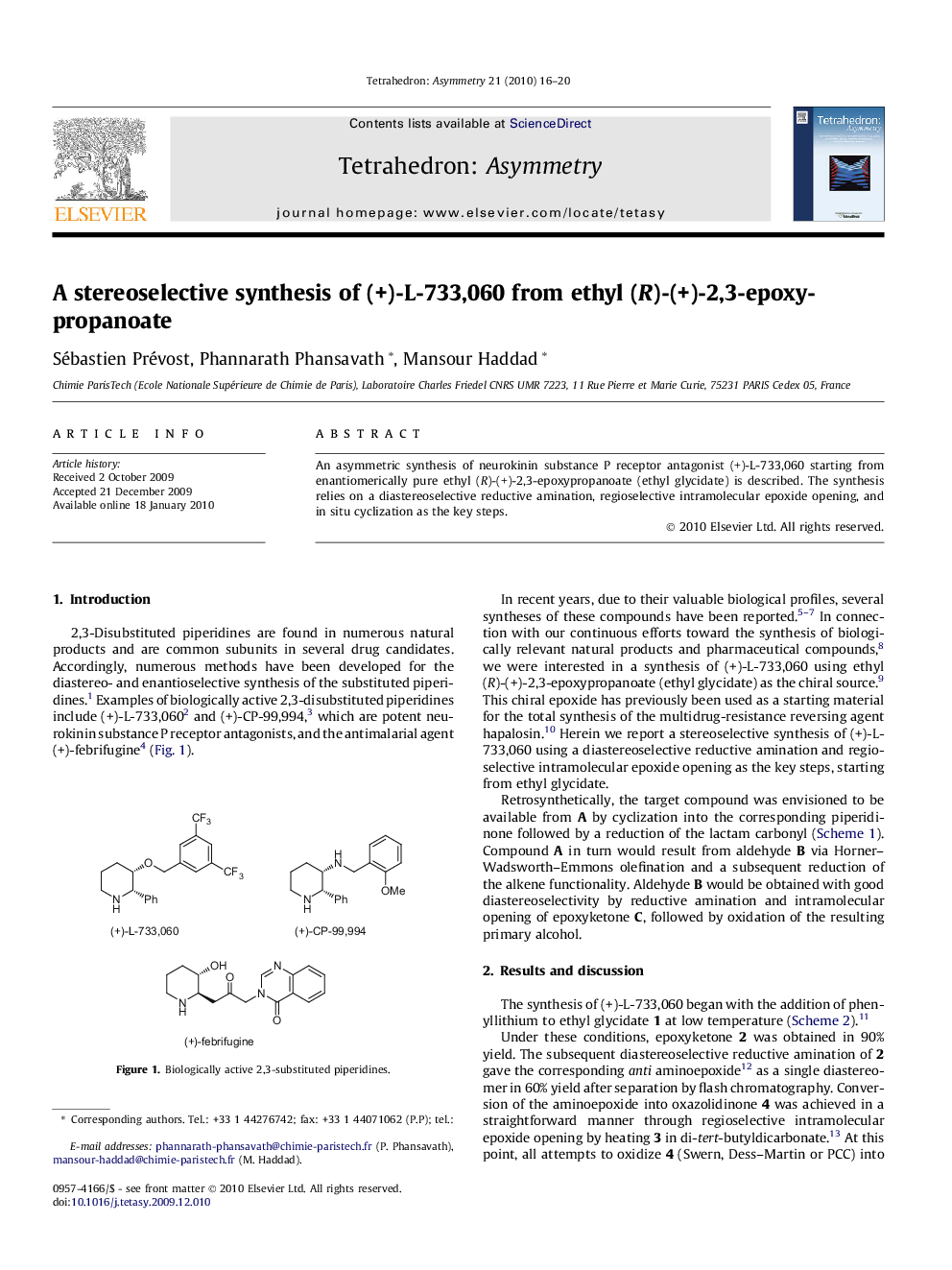 A stereoselective synthesis of (+)-L-733,060 from ethyl (R)-(+)-2,3-epoxypropanoate