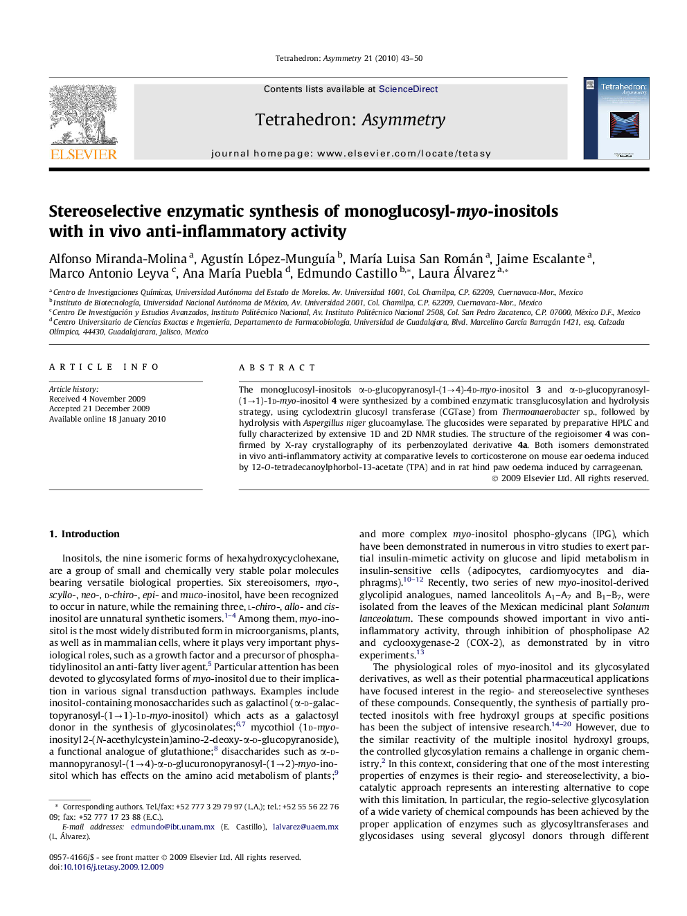 Stereoselective enzymatic synthesis of monoglucosyl-myo-inositols with in vivo anti-inflammatory activity