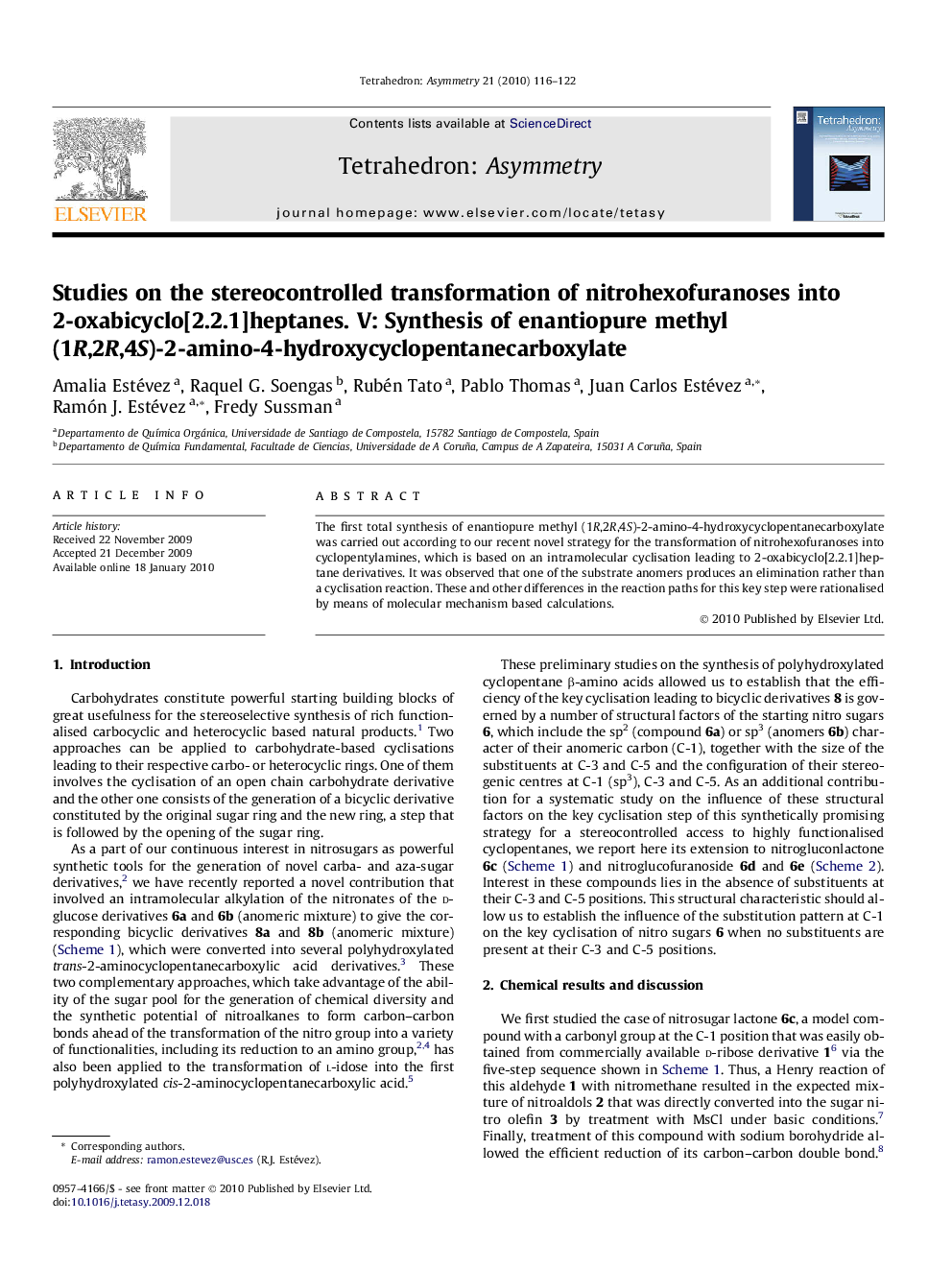 Studies on the stereocontrolled transformation of nitrohexofuranoses into 2-oxabicyclo[2.2.1]heptanes. V: Synthesis of enantiopure methyl (1R,2R,4S)-2-amino-4-hydroxycyclopentanecarboxylate