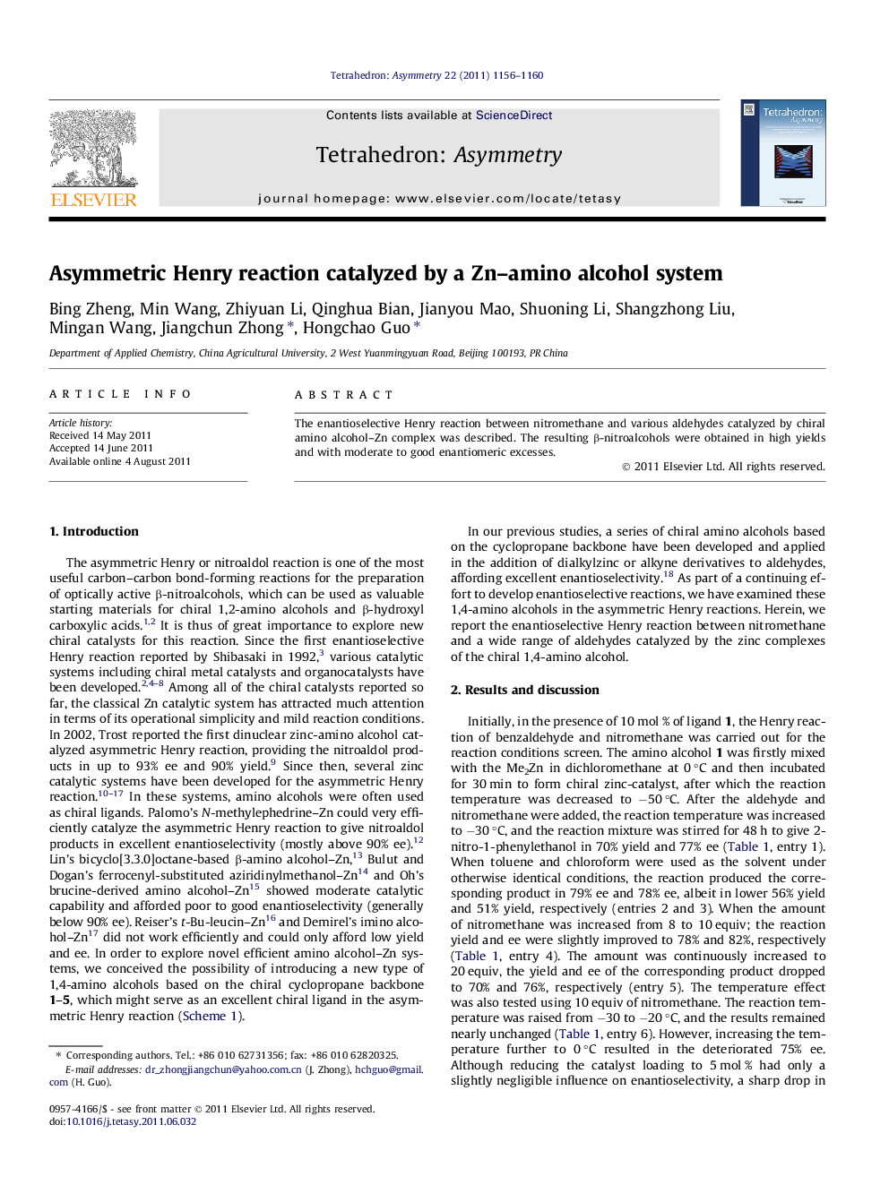 Asymmetric Henry reaction catalyzed by a Zn–amino alcohol system