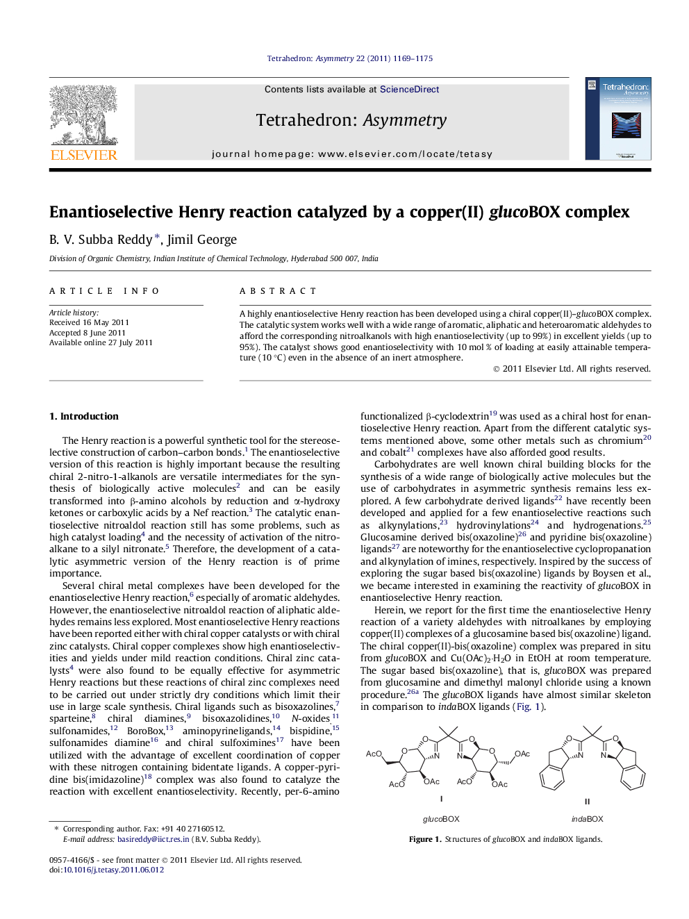 Enantioselective Henry reaction catalyzed by a copper(II) glucoBOX complex