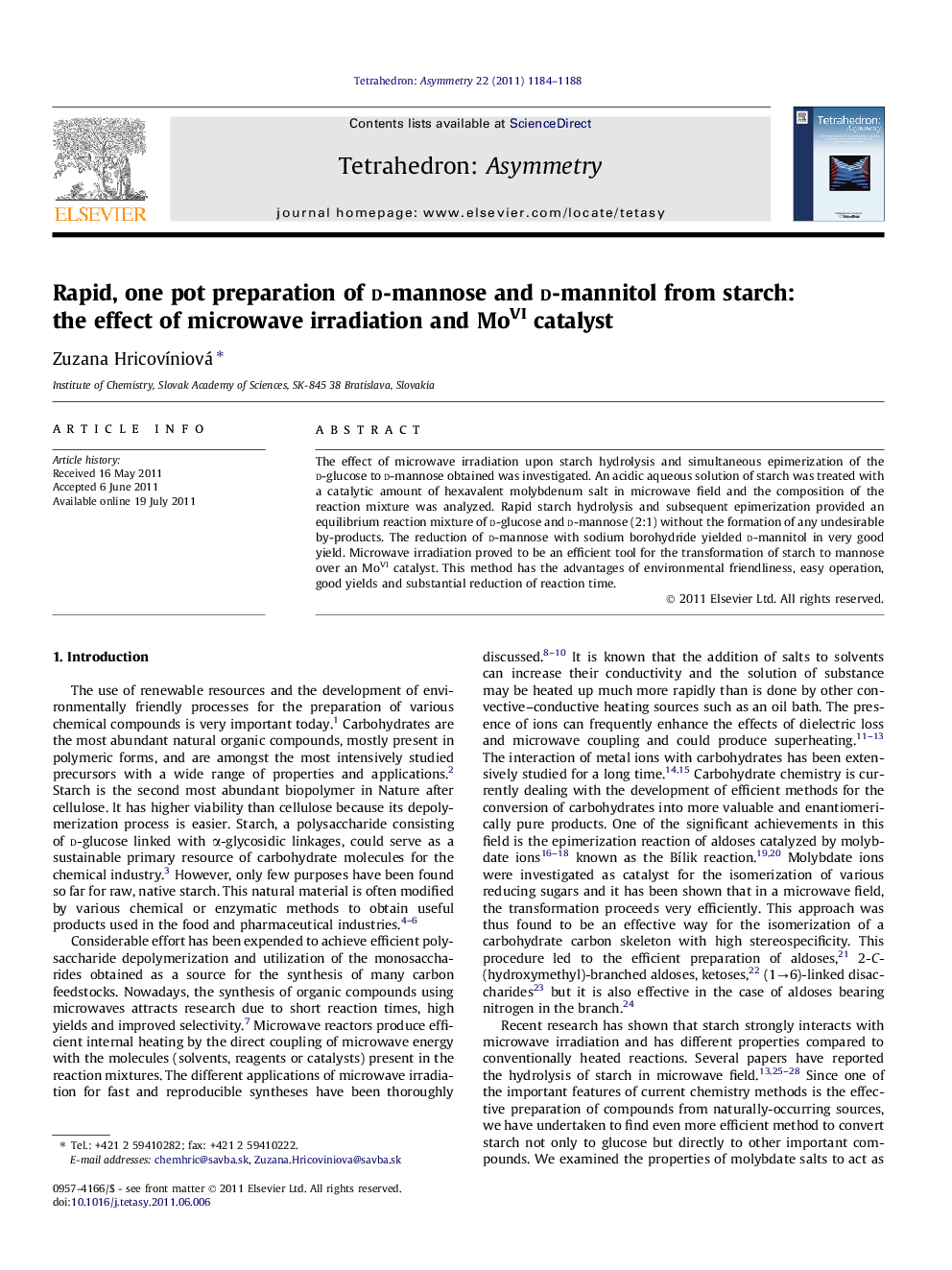 Rapid, one pot preparation of d-mannose and d-mannitol from starch: the effect of microwave irradiation and MoVI catalyst