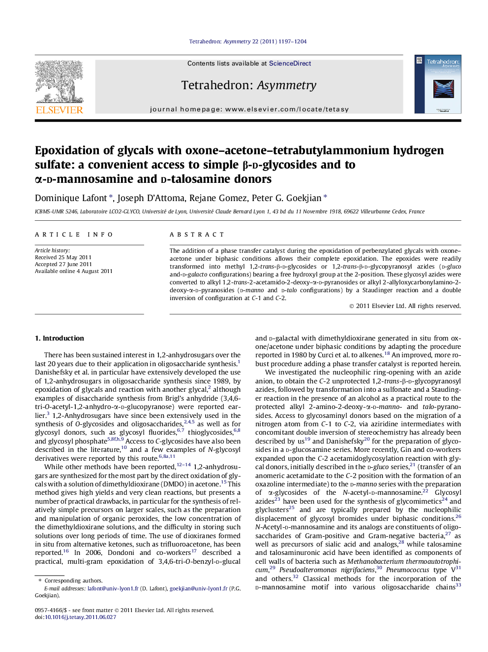 Epoxidation of glycals with oxone–acetone–tetrabutylammonium hydrogen sulfate: a convenient access to simple β-d-glycosides and to α-d-mannosamine and d-talosamine donors