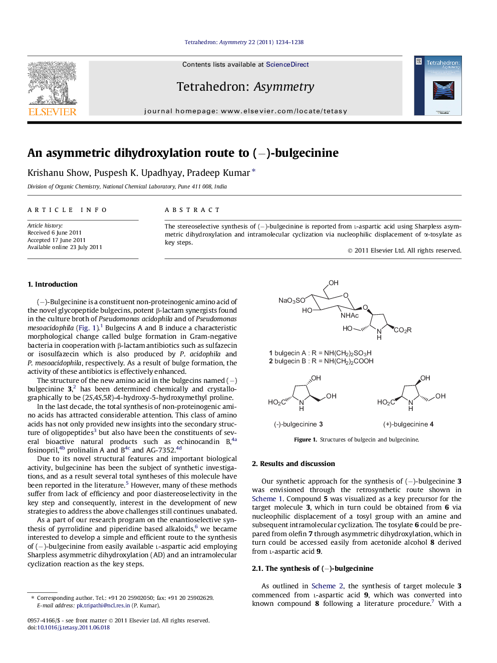 An asymmetric dihydroxylation route to (−)-bulgecinine