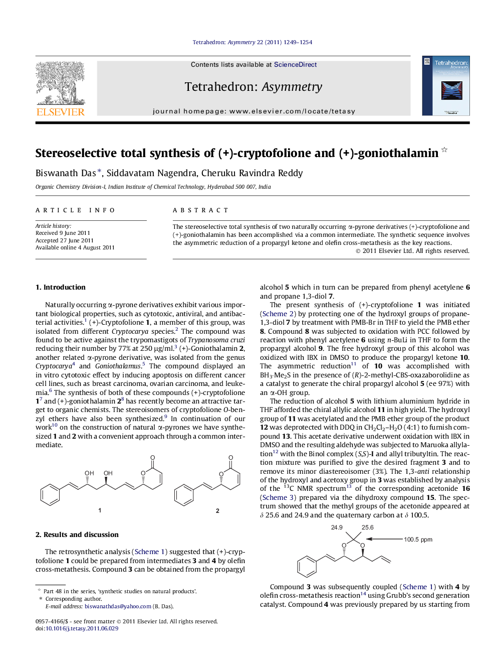 Stereoselective total synthesis of (+)-cryptofolione and (+)-goniothalamin 