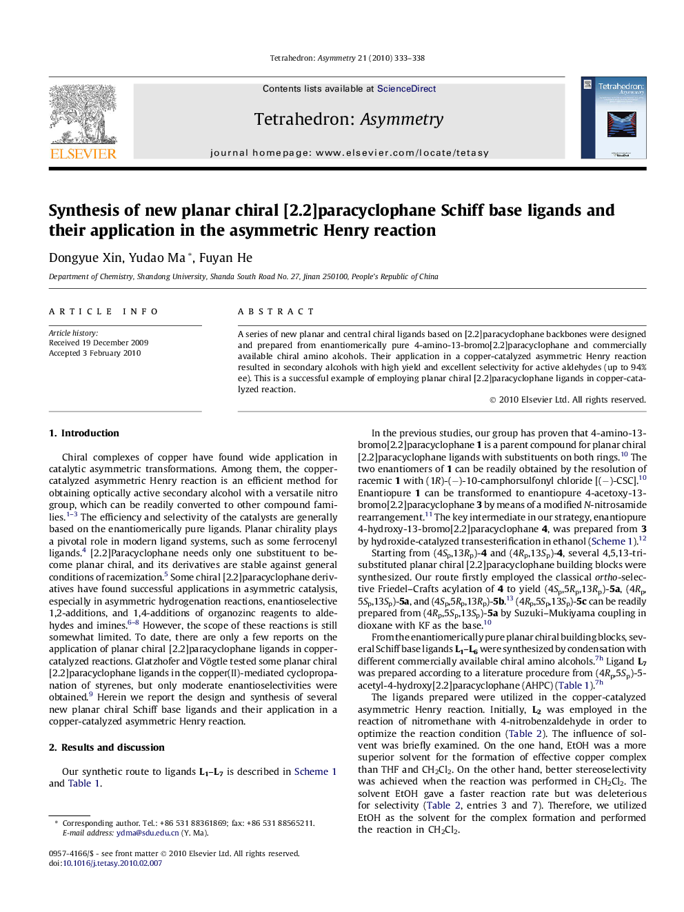 Synthesis of new planar chiral [2.2]paracyclophane Schiff base ligands and their application in the asymmetric Henry reaction