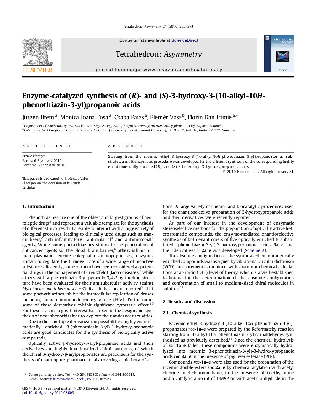 Enzyme-catalyzed synthesis of (R)- and (S)-3-hydroxy-3-(10-alkyl-10H-phenothiazin-3-yl)propanoic acids