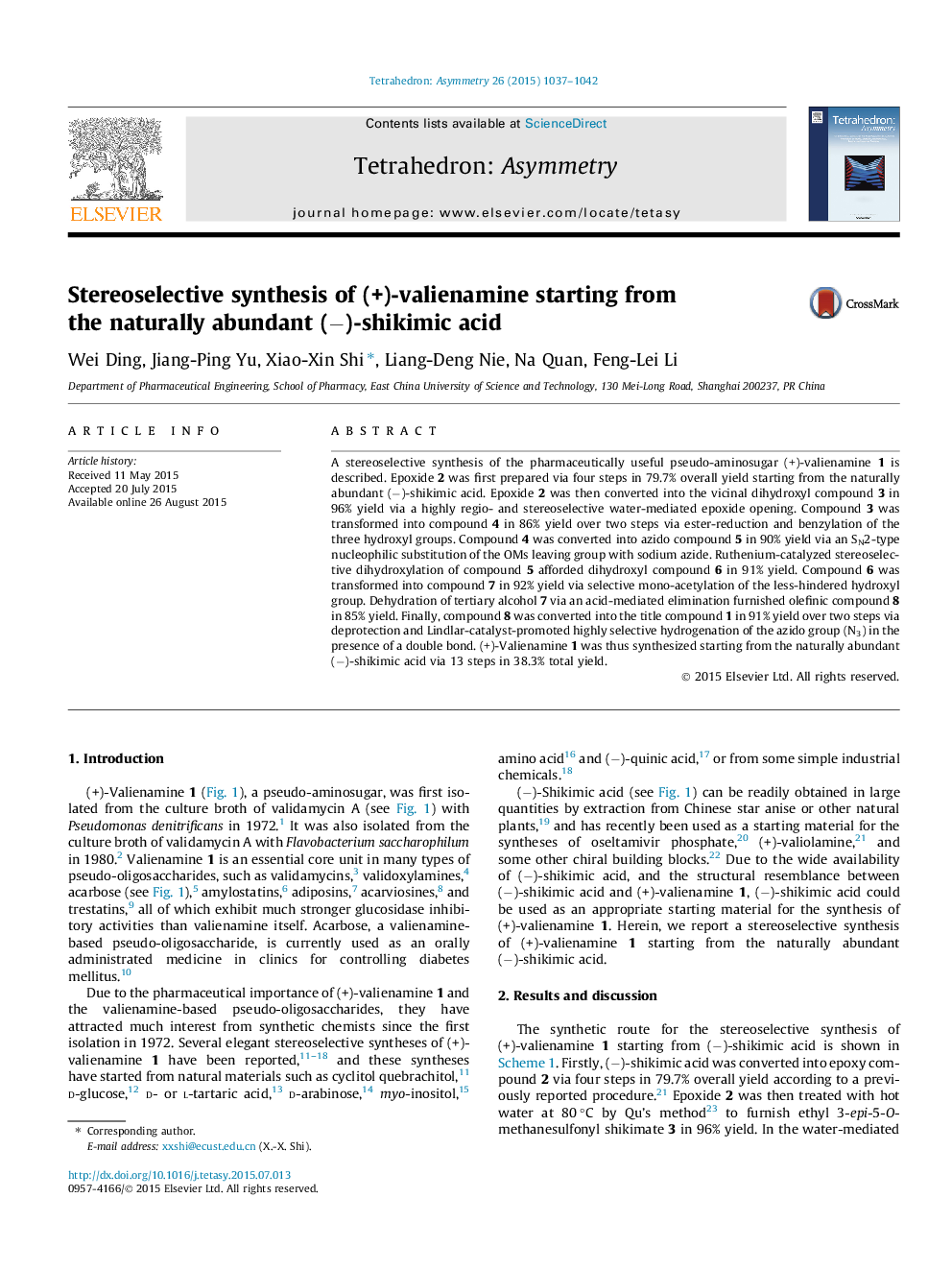 Stereoselective synthesis of (+)-valienamine starting from the naturally abundant (−)-shikimic acid