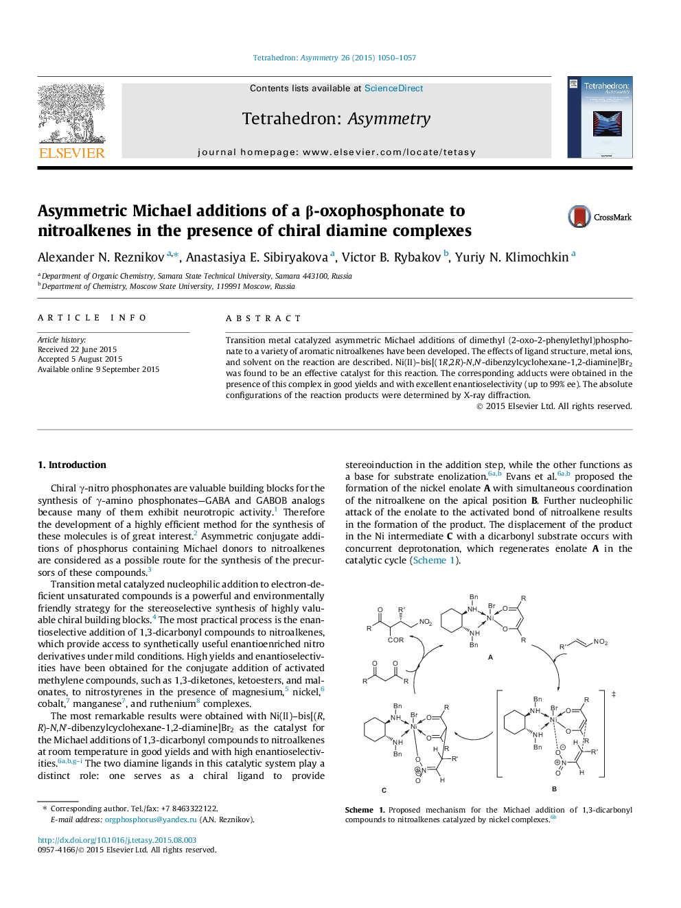 Asymmetric Michael additions of a β-oxophosphonate to nitroalkenes in the presence of chiral diamine complexes