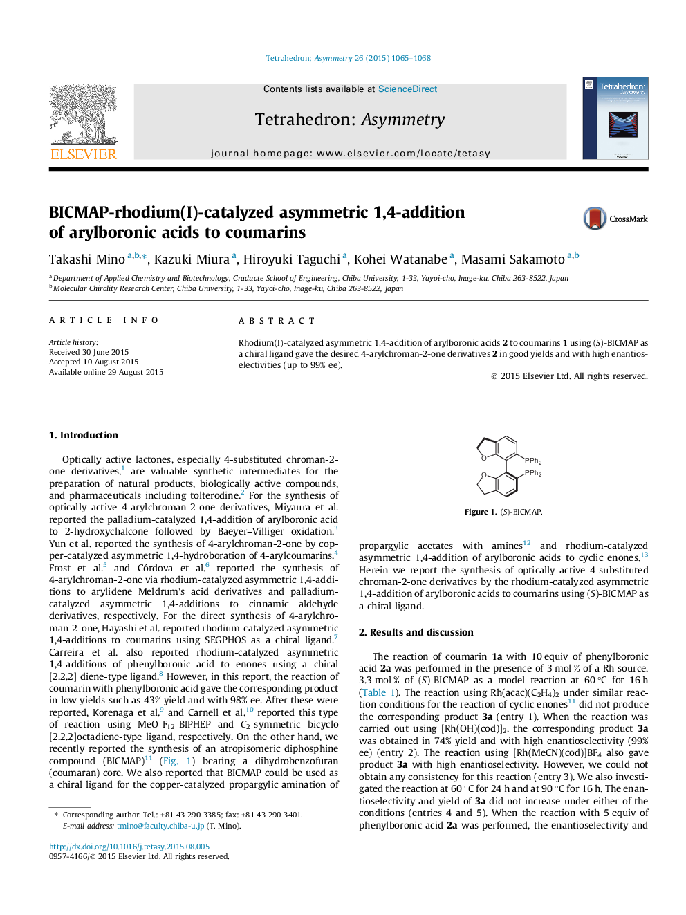 BICMAP-rhodium(I)-catalyzed asymmetric 1,4-addition of arylboronic acids to coumarins