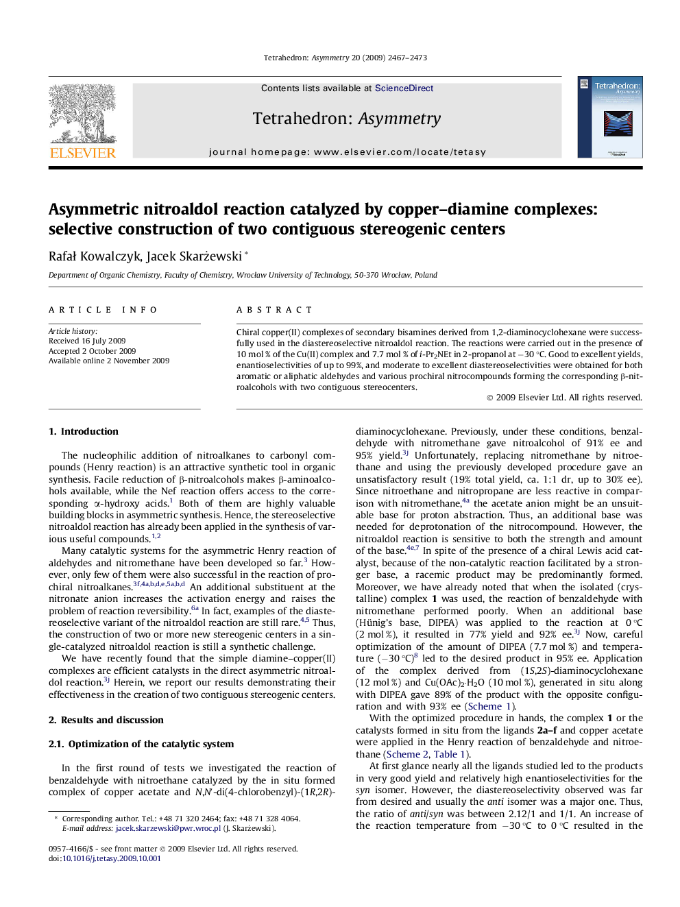 Asymmetric nitroaldol reaction catalyzed by copper–diamine complexes: selective construction of two contiguous stereogenic centers