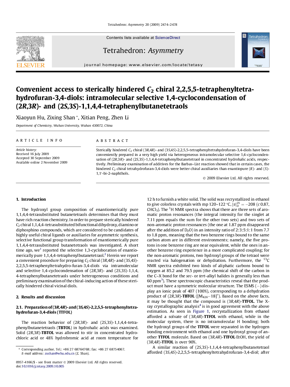 Convenient access to sterically hindered C2 chiral 2,2,5,5-tetraphenyltetrahydrofuran-3,4-diols: intramolecular selective 1,4-cyclocondensation of (2R,3R)- and (2S,3S)-1,1,4,4-tetraphenylbutanetetraols