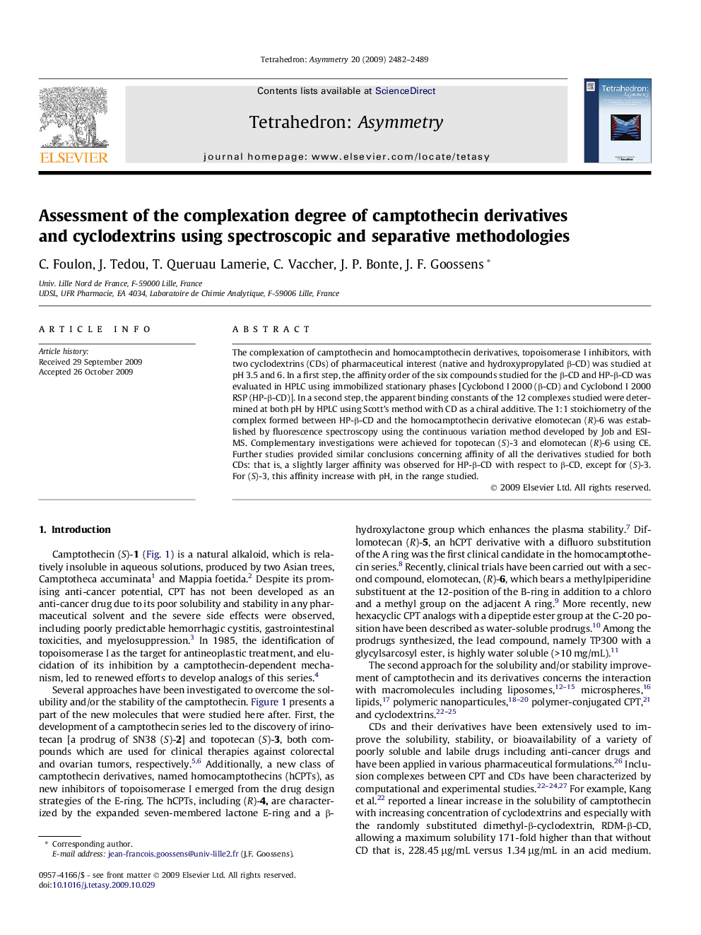 Assessment of the complexation degree of camptothecin derivatives and cyclodextrins using spectroscopic and separative methodologies
