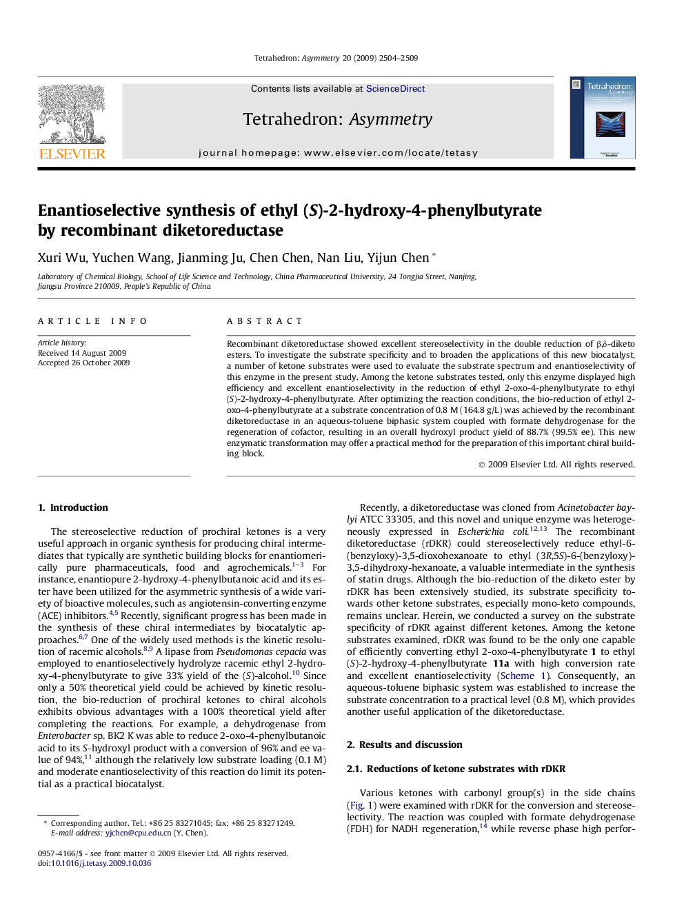 Enantioselective synthesis of ethyl (S)-2-hydroxy-4-phenylbutyrate by recombinant diketoreductase