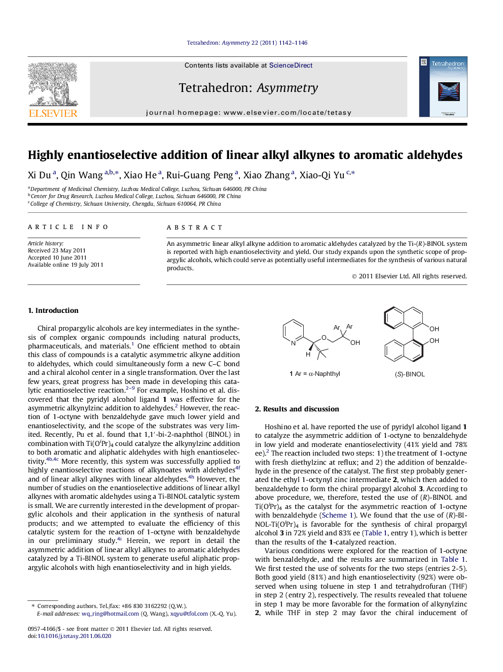 Highly enantioselective addition of linear alkyl alkynes to aromatic aldehydes