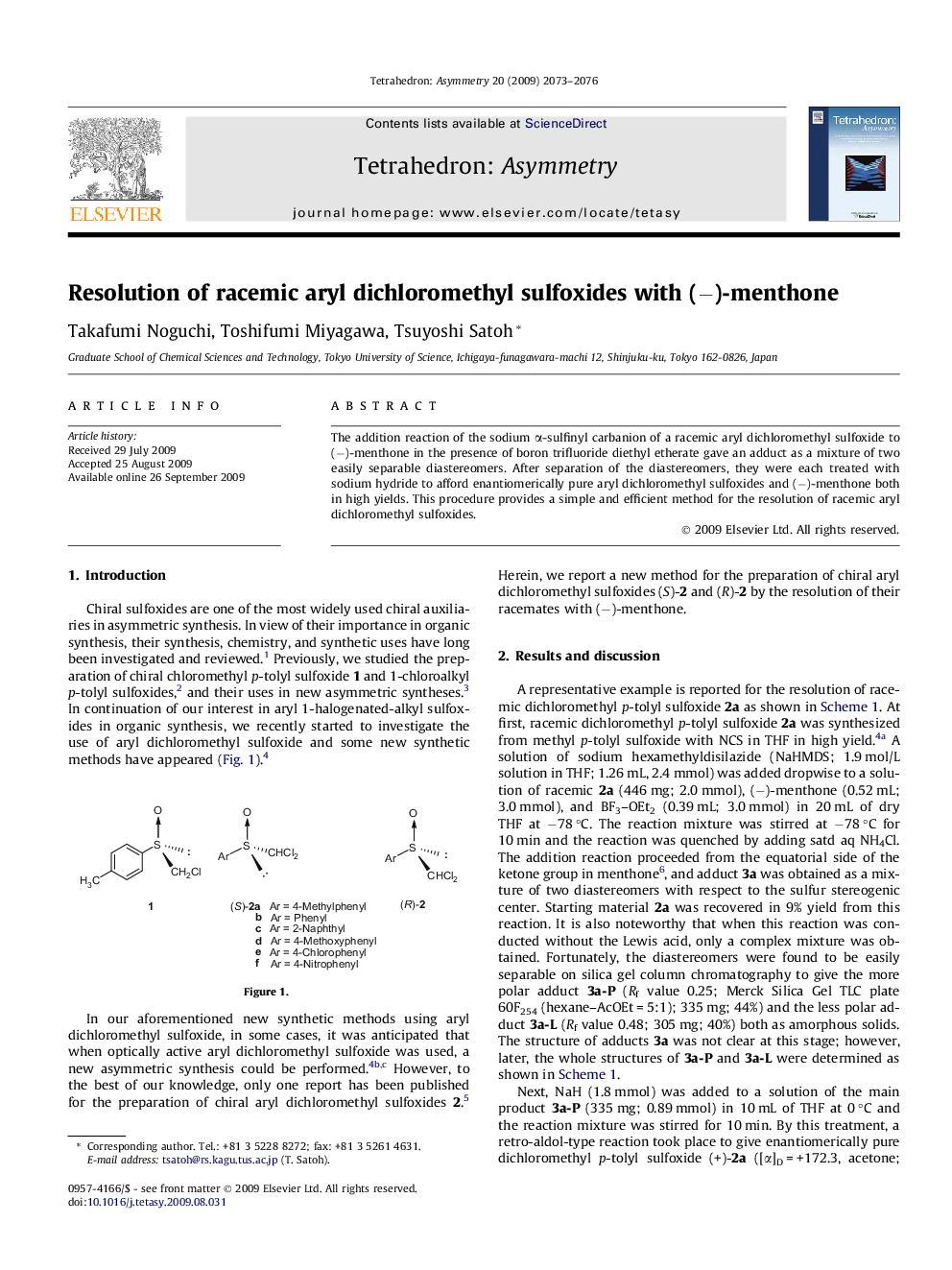 Resolution of racemic aryl dichloromethyl sulfoxides with (−)-menthone
