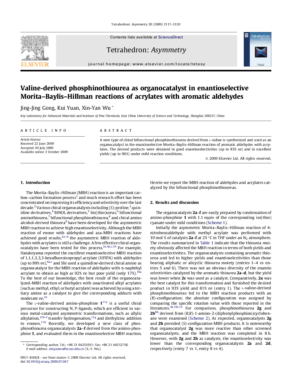 Valine-derived phosphinothiourea as organocatalyst in enantioselective Morita–Baylis–Hillman reactions of acrylates with aromatic aldehydes