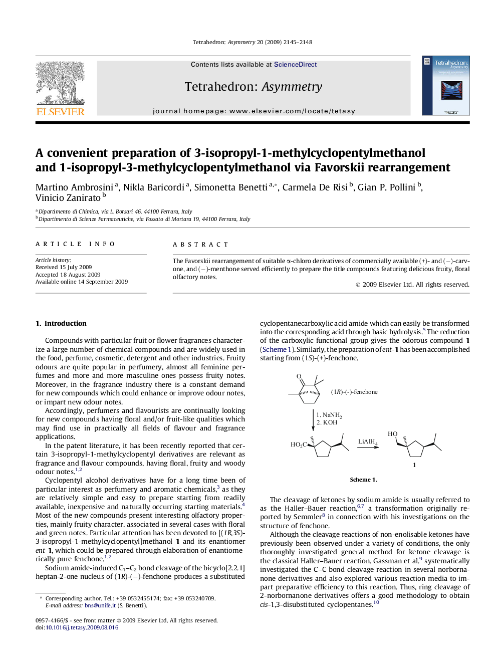 A convenient preparation of 3-isopropyl-1-methylcyclopentylmethanol and 1-isopropyl-3-methylcyclopentylmethanol via Favorskii rearrangement