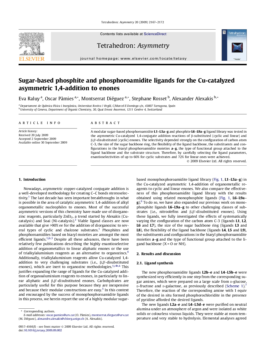 Sugar-based phosphite and phosphoroamidite ligands for the Cu-catalyzed asymmetric 1,4-addition to enones