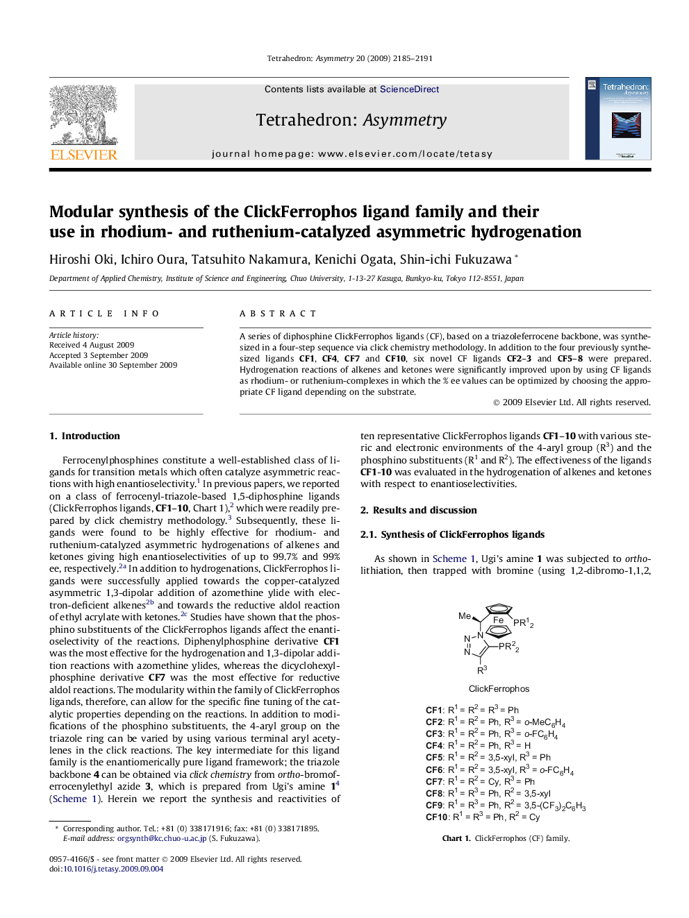 Modular synthesis of the ClickFerrophos ligand family and their use in rhodium- and ruthenium-catalyzed asymmetric hydrogenation