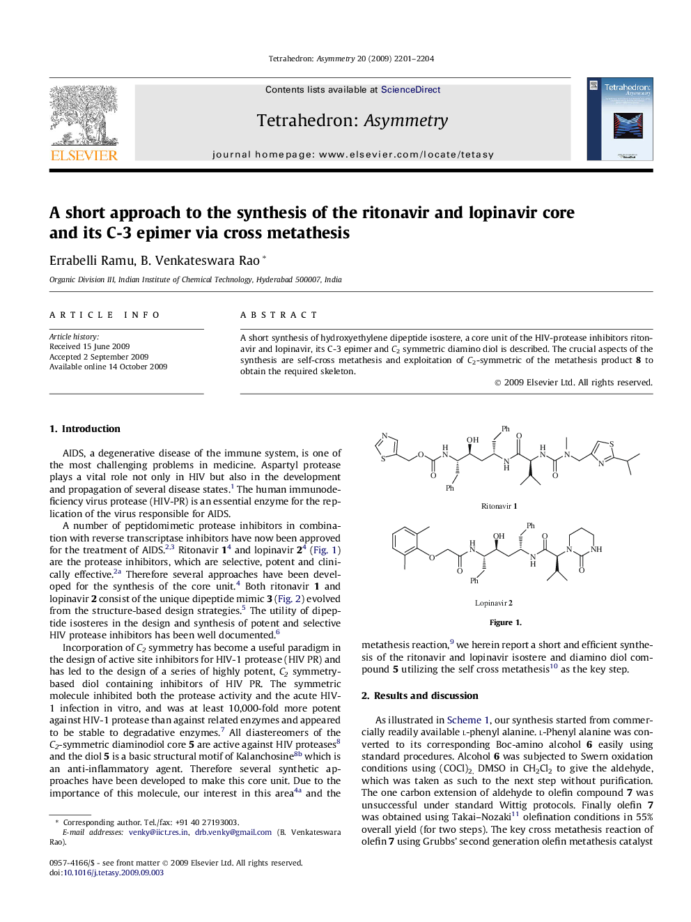 A short approach to the synthesis of the ritonavir and lopinavir core and its C-3 epimer via cross metathesis