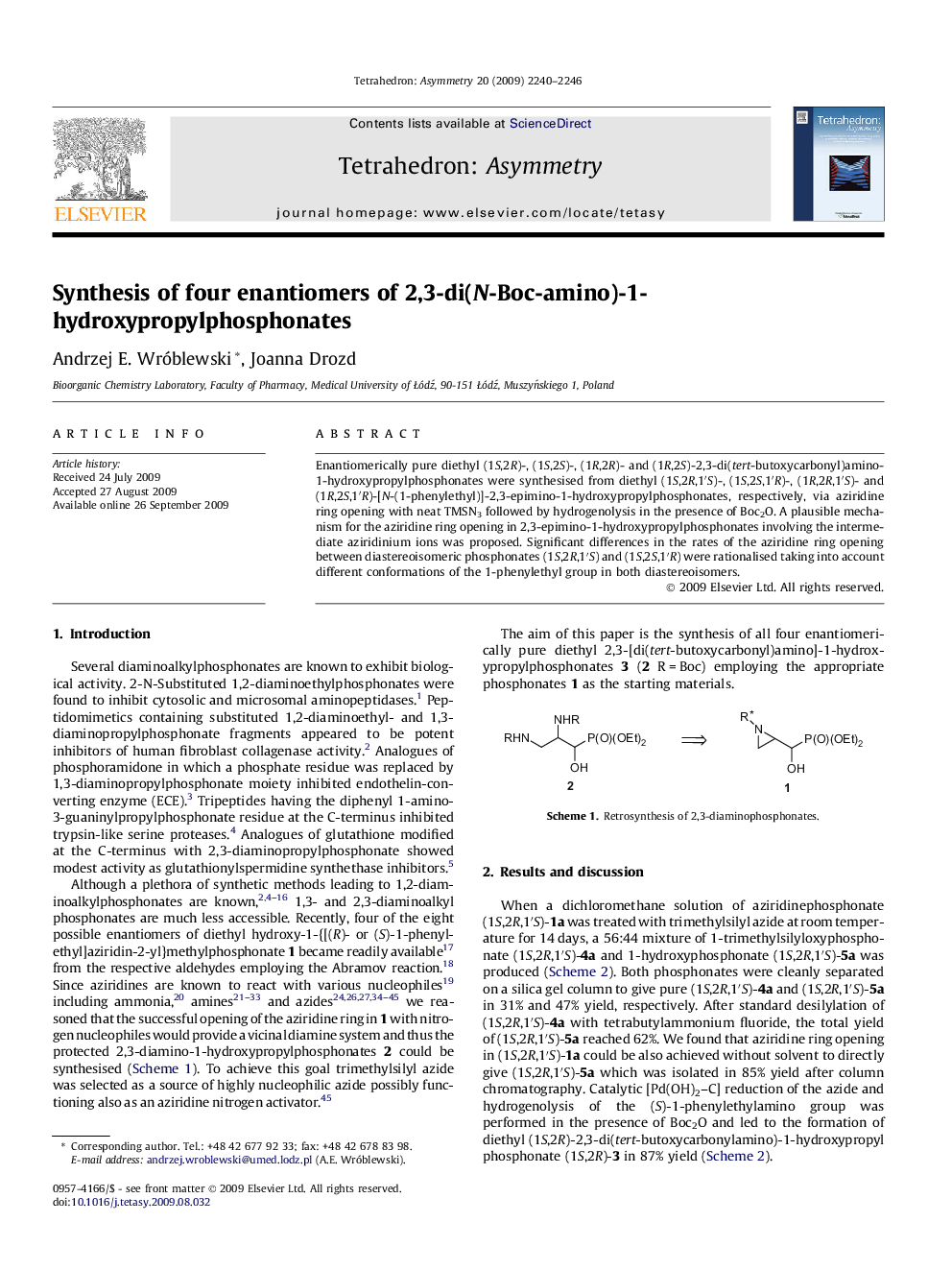 Synthesis of four enantiomers of 2,3-di(N-Boc-amino)-1-hydroxypropylphosphonates