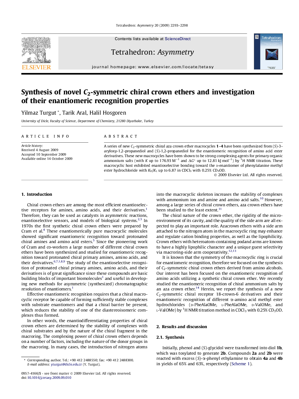 Synthesis of novel C2-symmetric chiral crown ethers and investigation of their enantiomeric recognition properties