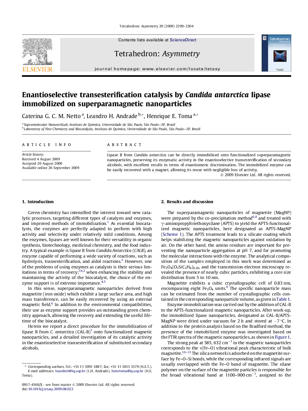 Enantioselective transesterification catalysis by Candida antarctica lipase immobilized on superparamagnetic nanoparticles