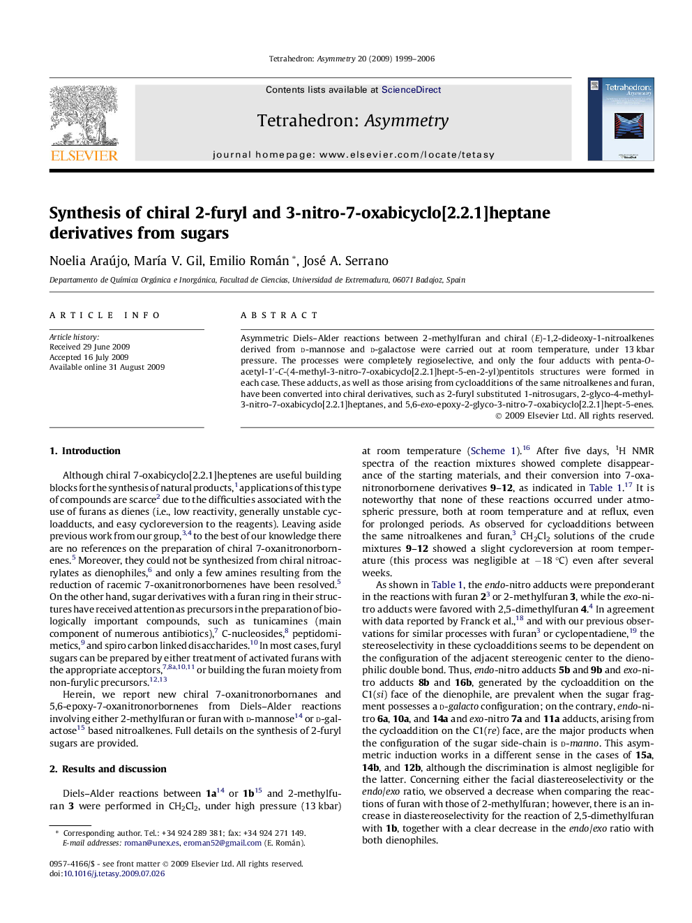 Synthesis of chiral 2-furyl and 3-nitro-7-oxabicyclo[2.2.1]heptane derivatives from sugars