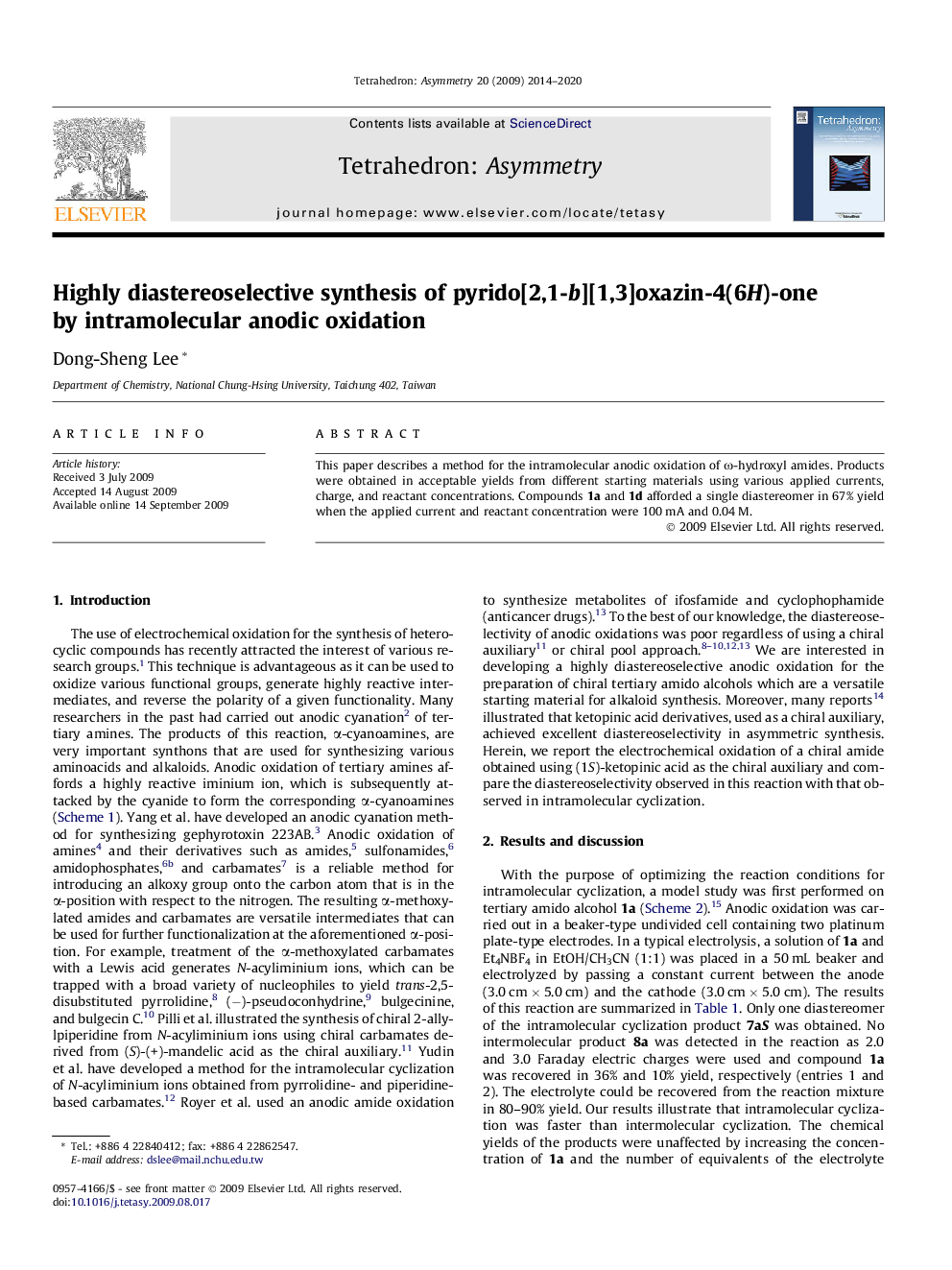 Highly diastereoselective synthesis of pyrido[2,1-b][1,3]oxazin-4(6H)-one by intramolecular anodic oxidation