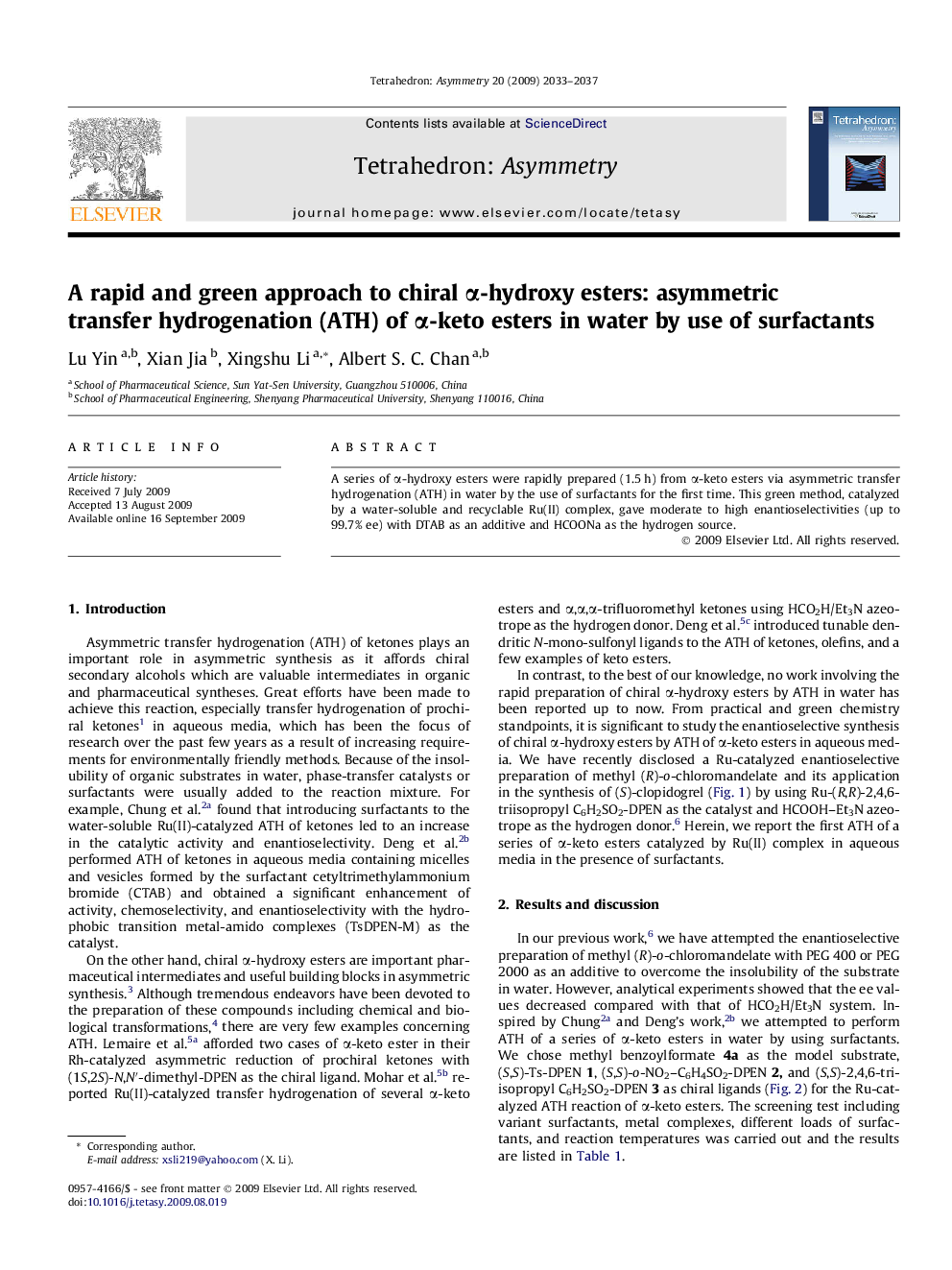 A rapid and green approach to chiral α-hydroxy esters: asymmetric transfer hydrogenation (ATH) of α-keto esters in water by use of surfactants