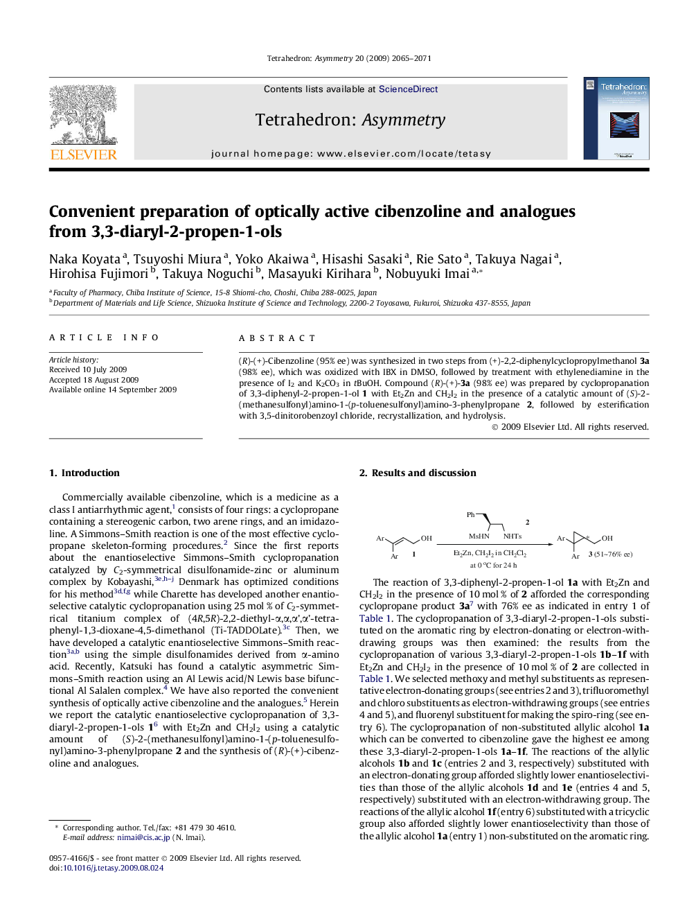 Convenient preparation of optically active cibenzoline and analogues from 3,3-diaryl-2-propen-1-ols