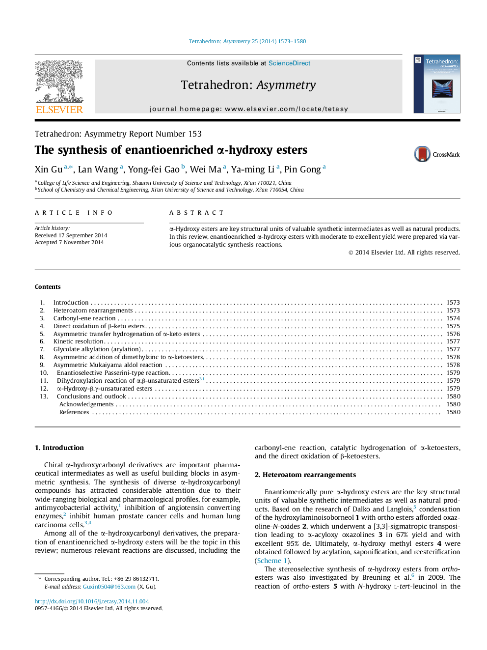 The synthesis of enantioenriched α-hydroxy esters