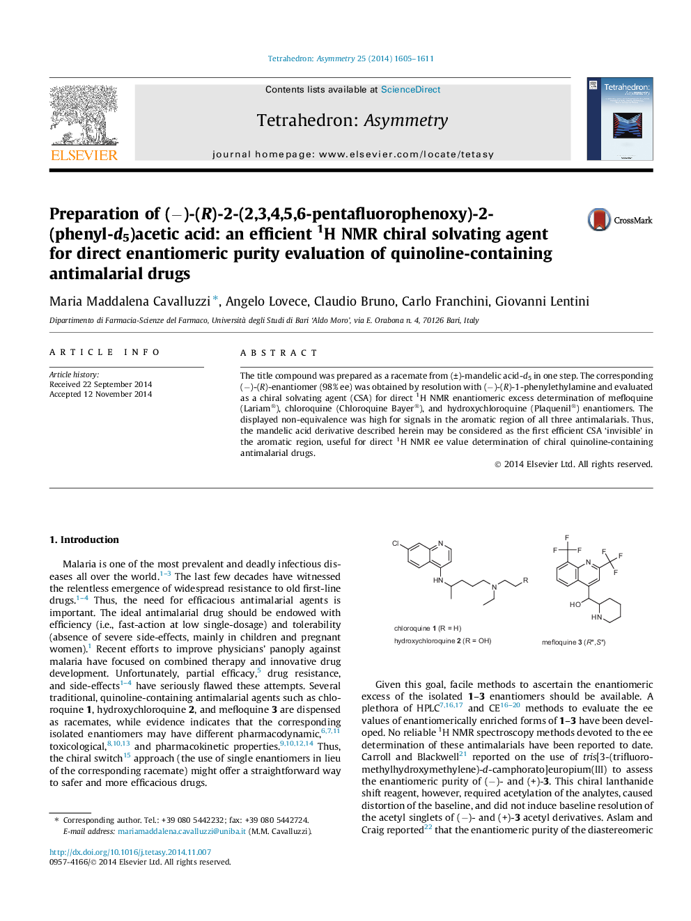 Preparation of (−)-(R)-2-(2,3,4,5,6-pentafluorophenoxy)-2-(phenyl-d5)acetic acid: an efficient 1H NMR chiral solvating agent for direct enantiomeric purity evaluation of quinoline-containing antimalarial drugs