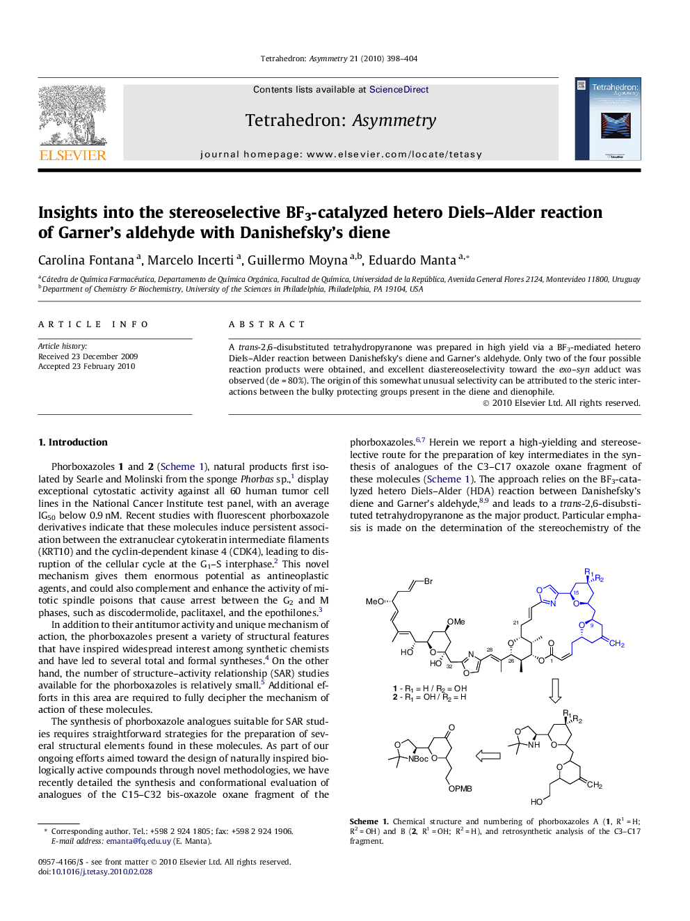 Insights into the stereoselective BF3-catalyzed hetero Diels-Alder reaction of Garner's aldehyde with Danishefsky's diene