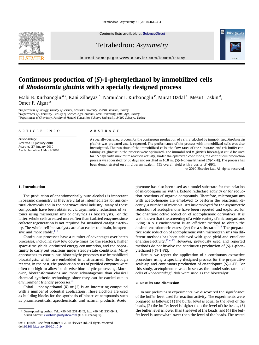 Continuous production of (S)-1-phenylethanol by immobilized cells of Rhodotorula glutinis with a specially designed process