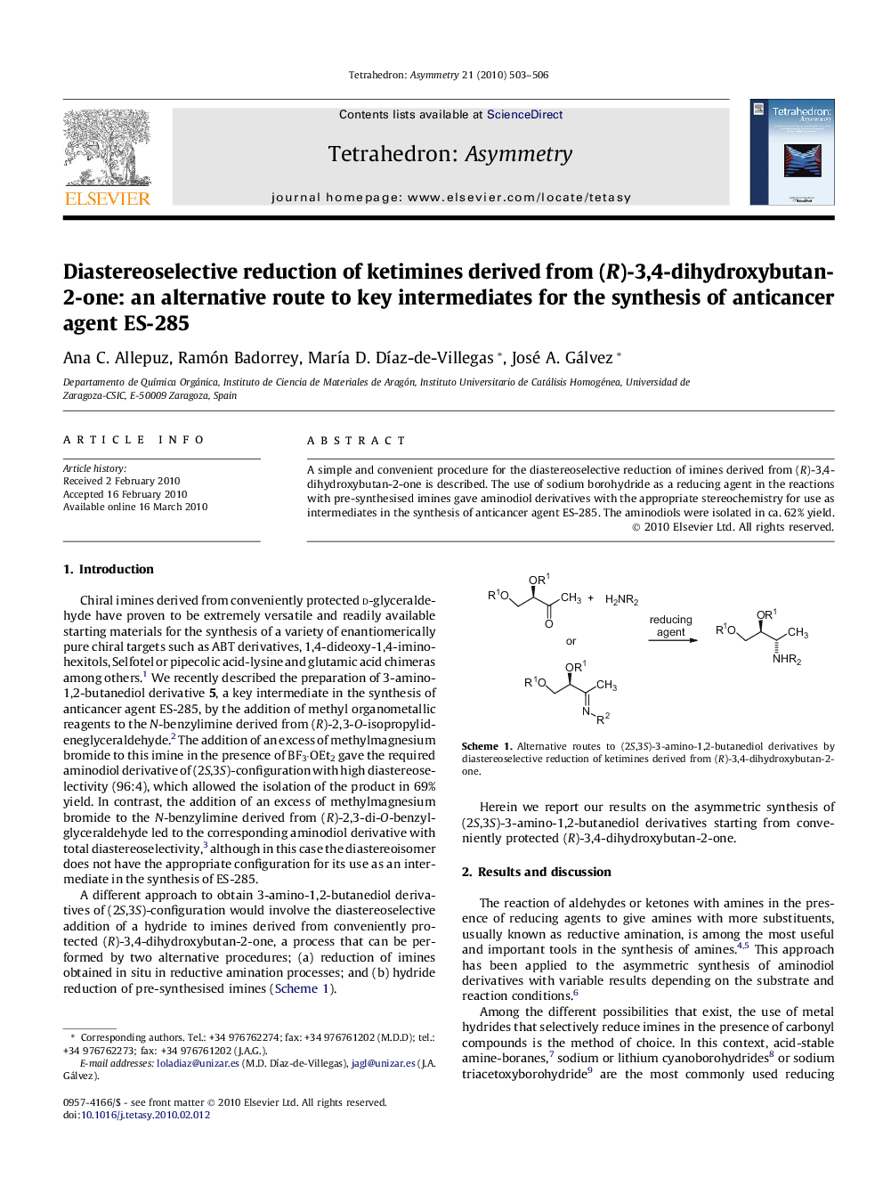 Diastereoselective reduction of ketimines derived from (R)-3,4-dihydroxybutan-2-one: an alternative route to key intermediates for the synthesis of anticancer agent ES-285