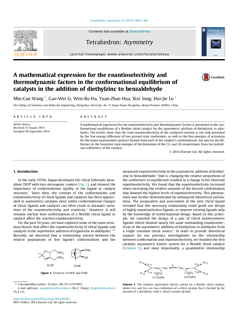 A mathematical expression for the enantioselectivity and thermodynamic factors in the conformational equilibrium of catalysts in the addition of diethylzinc to benzaldehyde