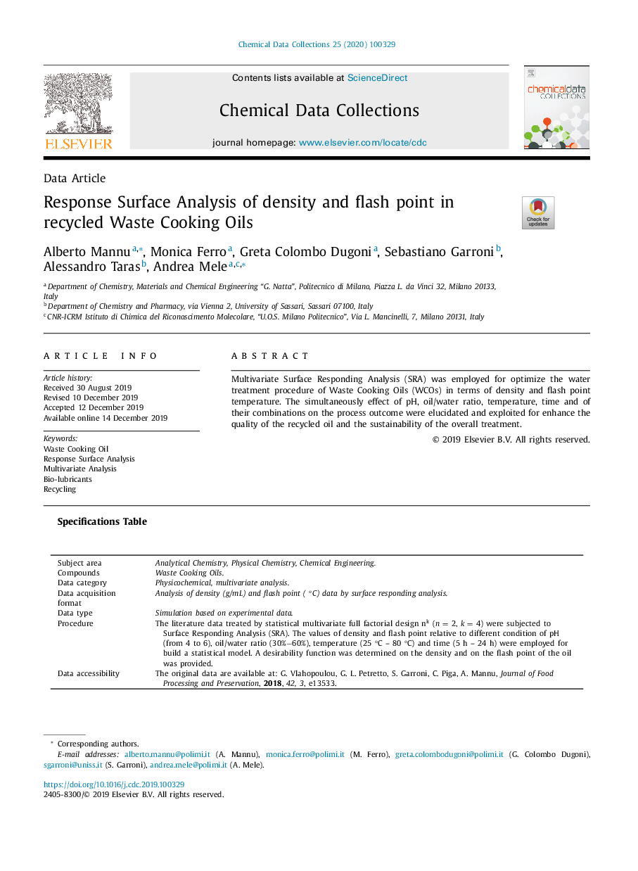 Response Surface Analysis of density and flash point in recycled Waste Cooking Oils