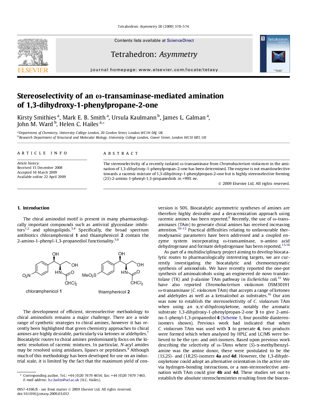 Stereoselectivity of an ω-transaminase-mediated amination of 1,3-dihydroxy-1-phenylpropane-2-one