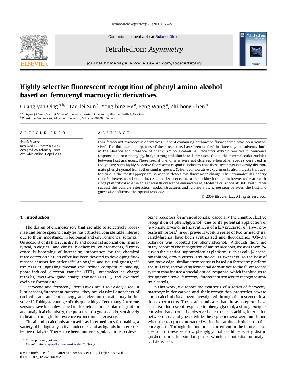 Highly selective fluorescent recognition of phenyl amino alcohol based on ferrocenyl macrocyclic derivatives