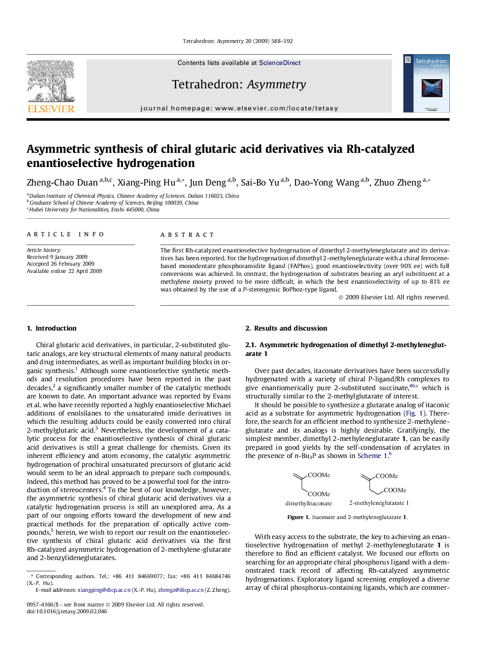 Asymmetric synthesis of chiral glutaric acid derivatives via Rh-catalyzed enantioselective hydrogenation