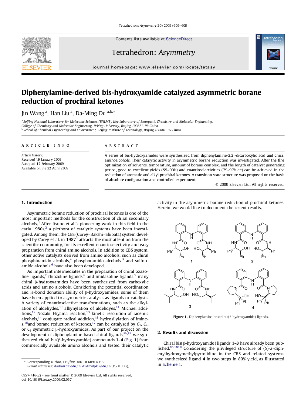 Diphenylamine-derived bis-hydroxyamide catalyzed asymmetric borane reduction of prochiral ketones