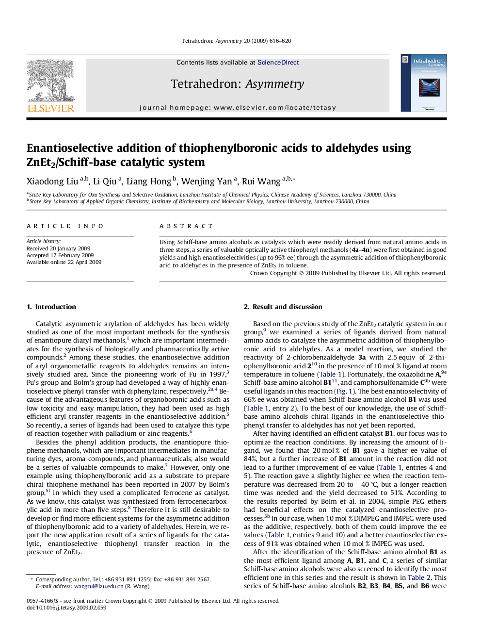 Enantioselective addition of thiophenylboronic acids to aldehydes using ZnEt2/Schiff-base catalytic system